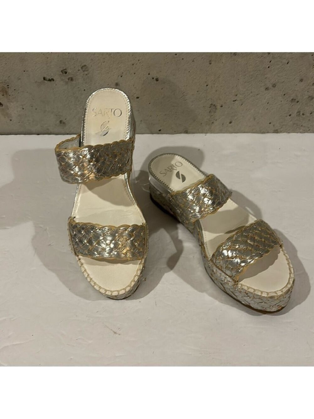 Franco Sarto Silver Leather Basket Weave Opal Platform Sandal - Size 7